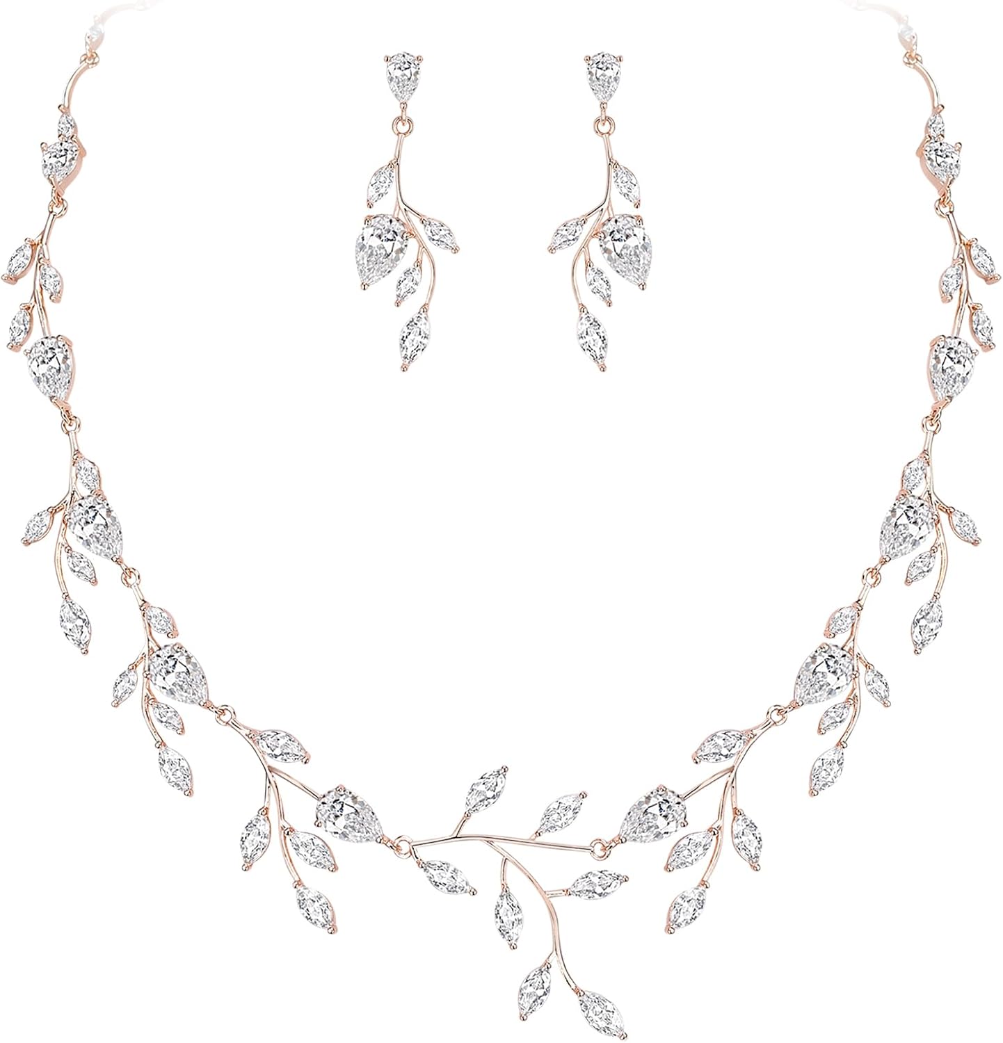 EVER FAITH Wedding Jewelry for Bride Women Bridesmaid, Sparkly Cubic Zirconia Pear-Shaped Birthstone Leaf Necklace Earrings Set for Prom