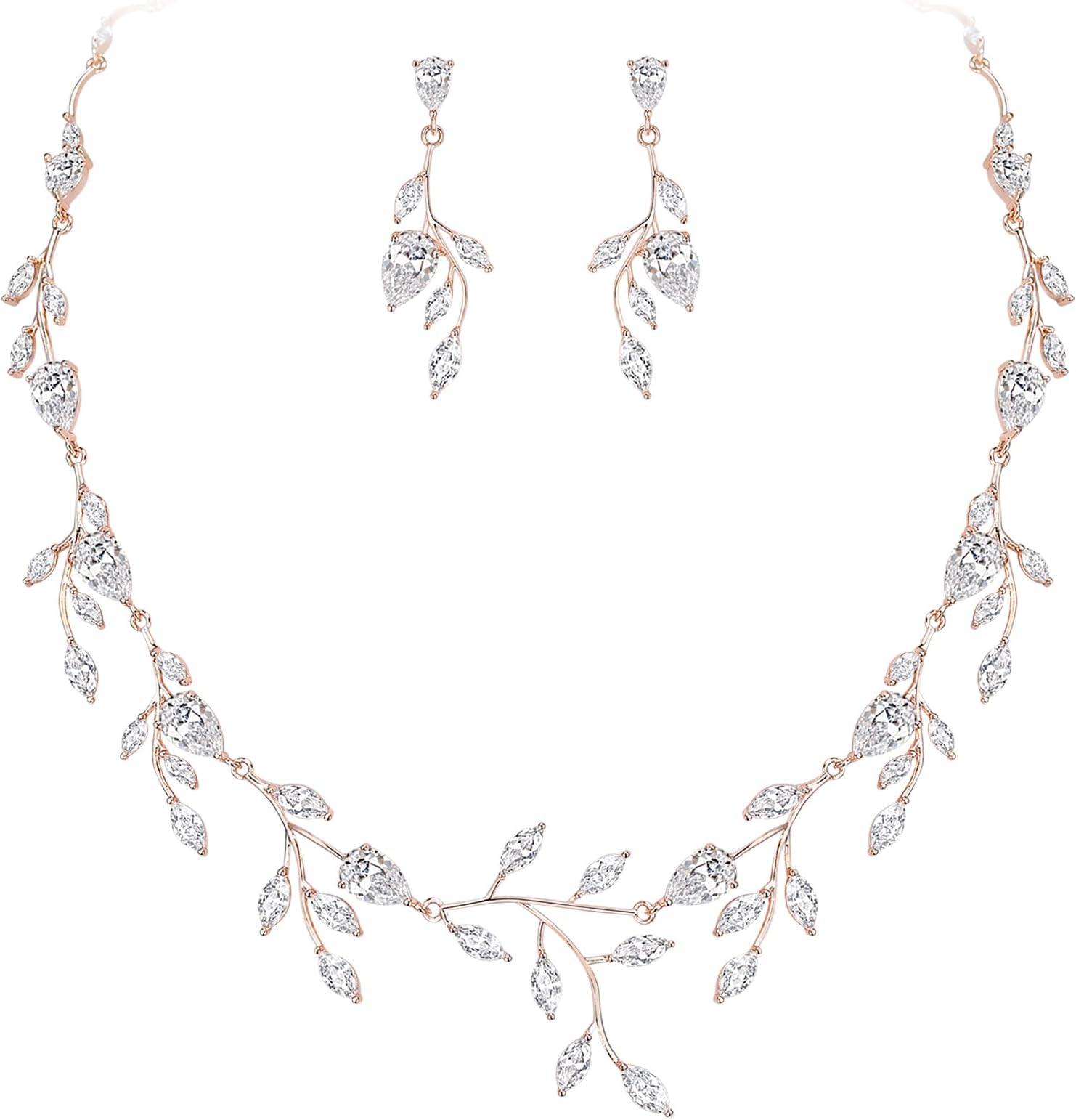 Wedding Jewelry for Bride Women Bridesmaid, Sparkly Cubic Zirconia Pear-Shaped Birthstone Leaf Necklace Earrings Set for Prom