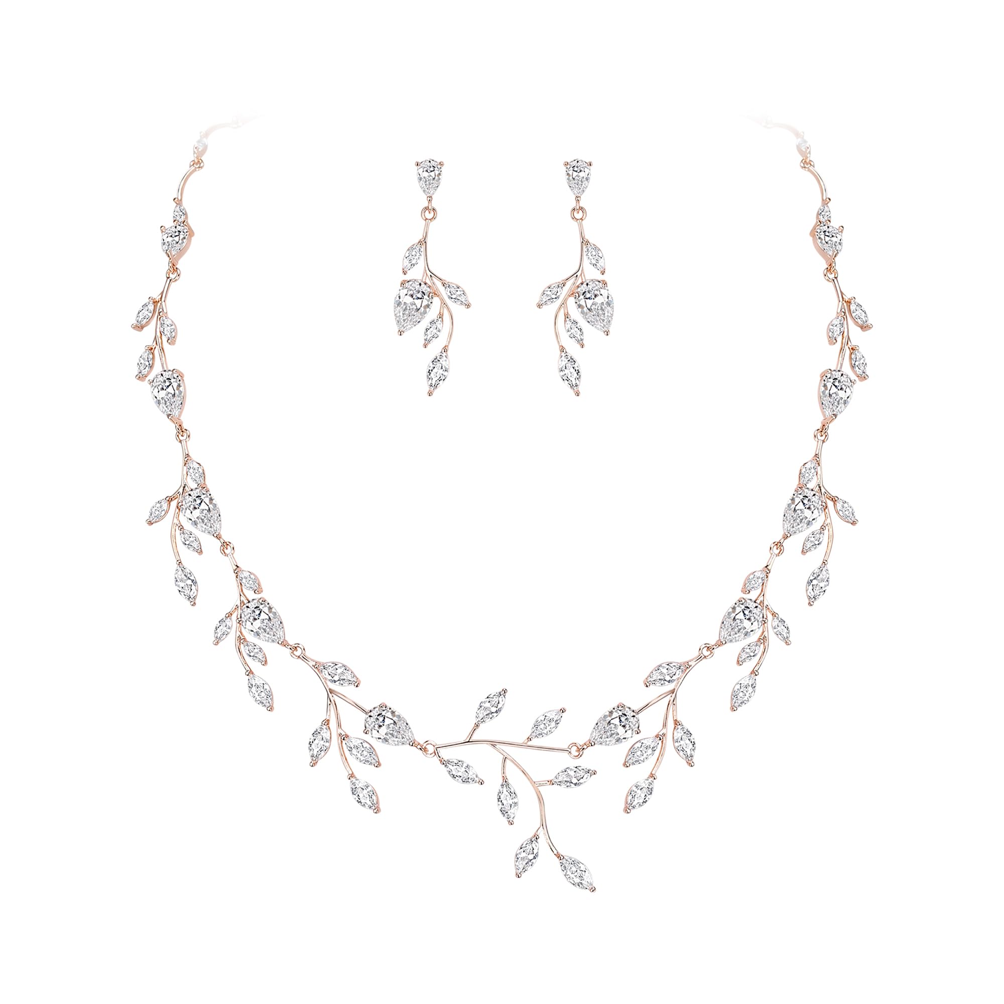 EVER FAITHWedding Jewelry for Bride Women Bridesmaid, Sparkly Cubic Zirconia Pear-Shaped Birthstone Leaf Necklace Earrings Set for Prom, Cubic Zirconia, Cubic Zirconia