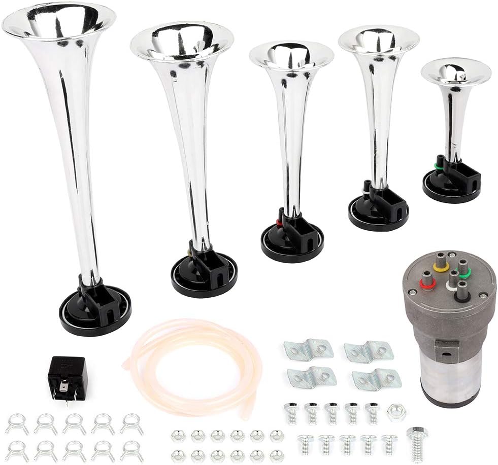 AINTIER 5 Trumpet Electric Train Car Air Horn Kit with Air Compressor Replacement for Any 12V Vehicles Trucks Cars