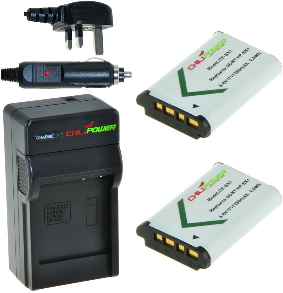 Original ChiliPower NP-BX1 1350mAh Battery 2-Pack + Charger (UK Plug) for Sony Cyber-shot DSC-HX50V, DSC-HX300, DSC-RX1, DSC-RX1R, DSC-RX100, DSC-RX100 II, DSC-WX300, HDR-AS10, HDR-AS15, HDR-AS30V, HDR-MV1