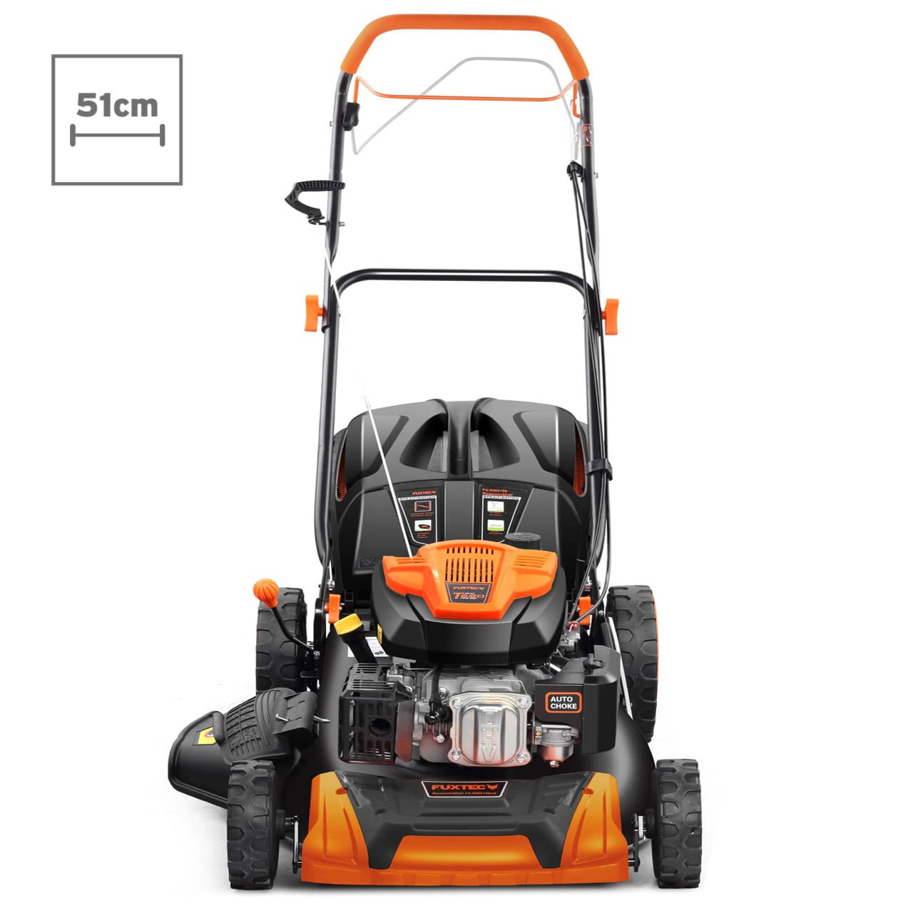 FUXTEC 4in1 Benzin Rasenmäher FX-RM5196 • 6 PS • 196 CCM 4-Takt Motor • Rasenmäher mit Antrieb & 51 cm Schnittbreite • Mulchmäher mit Seitenauswurf • 60L Fangkorb • EasyClean