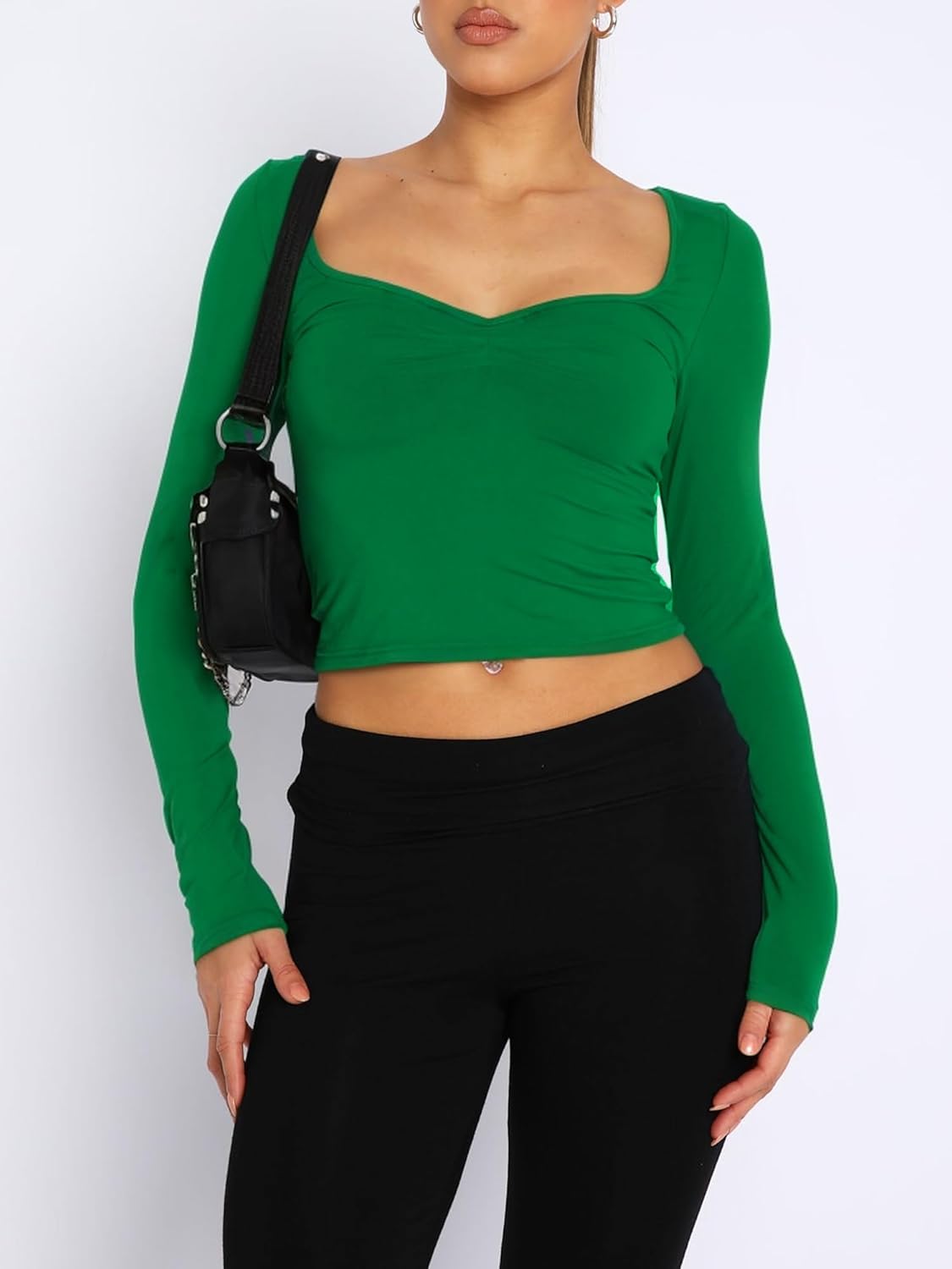 ForeFair Women's Sexy Long Sleeve Going Out Tops Pleated Bustier Shirt Cute Sweetheart Neck Y2K Cropped Top - Image 3