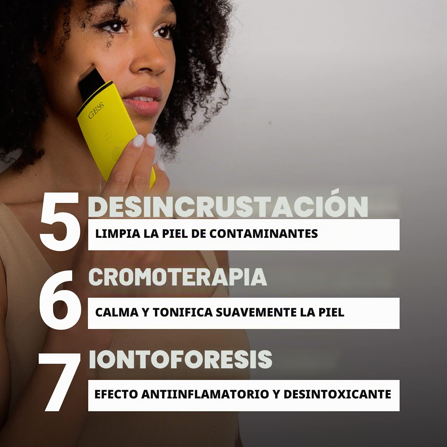 GESS Exotic Depurador Facial Ultrasonico, Limpiador de Piel, 7 Procedimientos, Fonóforos, Jonóforos, Cromoterapia, Estiramiento de Poros, Líneas Finas