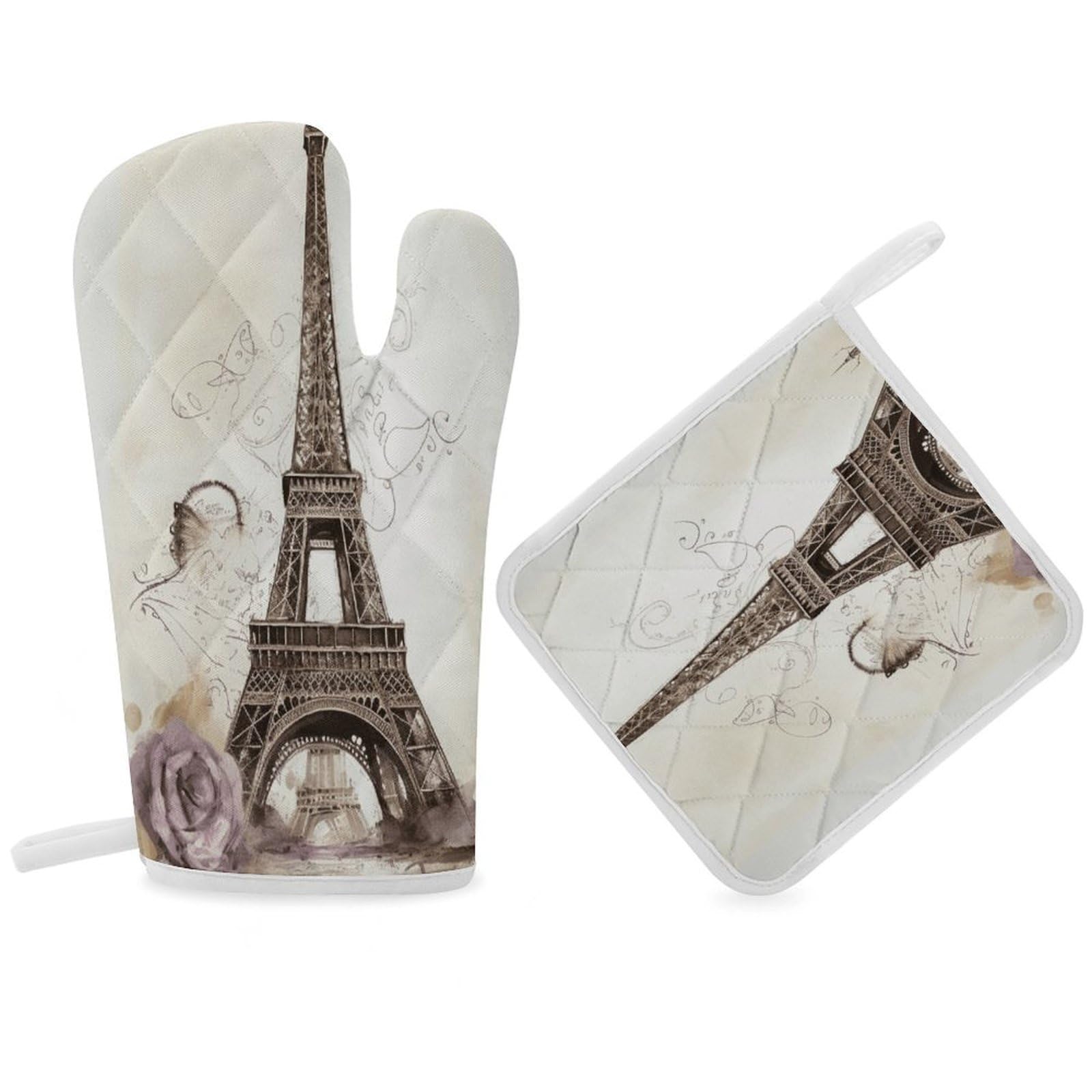 Fodpand Women's Style Eiffel Tower Oven Mitts And Pot Holders Sets,Oven Gloves For Kitchen Oven Mitts And Potholders For Baking Cooking Grilling Apartment Essentials