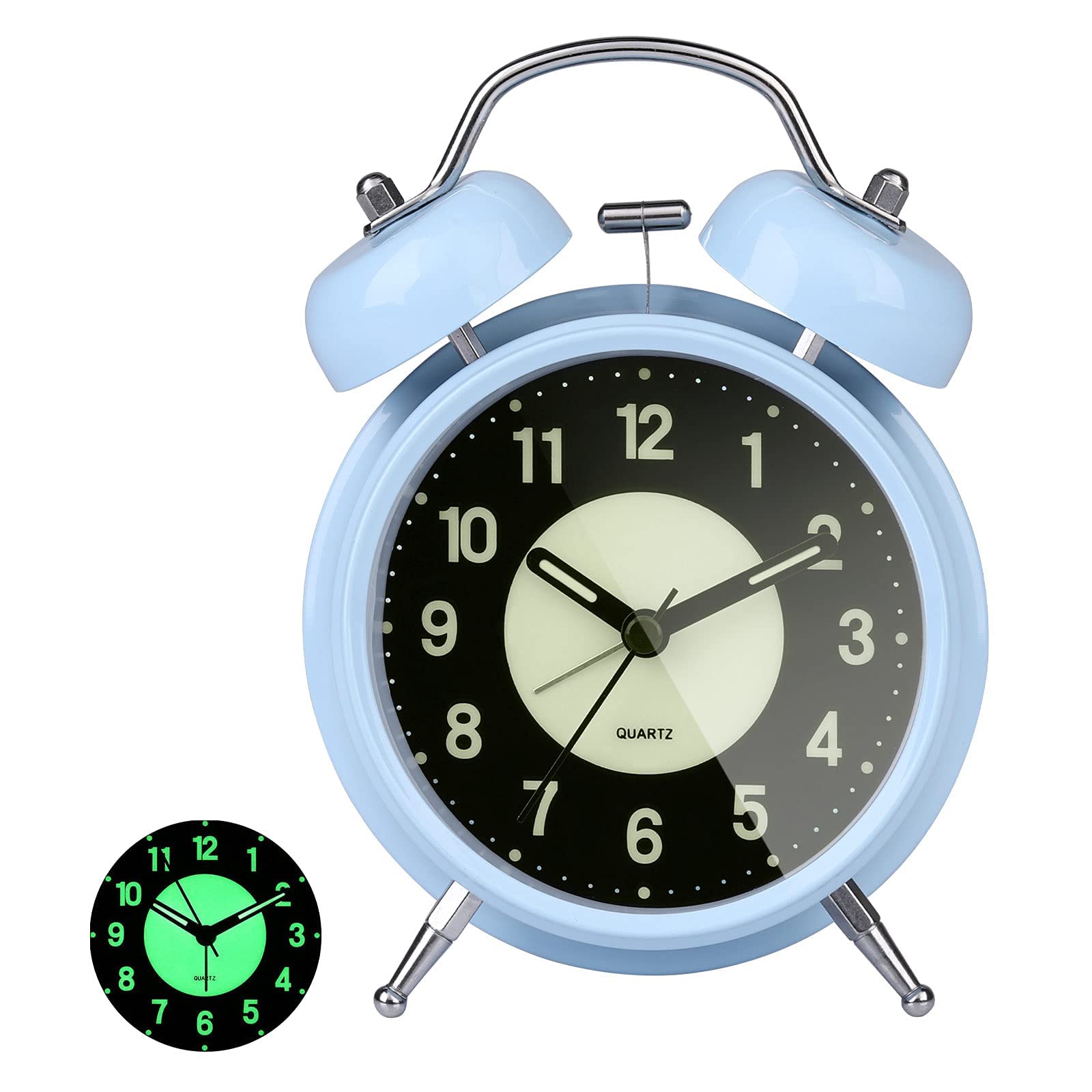 Ginzer Blue Traditional Retro Twin Bell Alarm Clock, Non Ticking Silent Bedside Alarm Clock With Backlight, Desk Clock With Nightlight, Loud Alarm For Heavy Sleepers Kids Bedrooms Office, Battery Operated