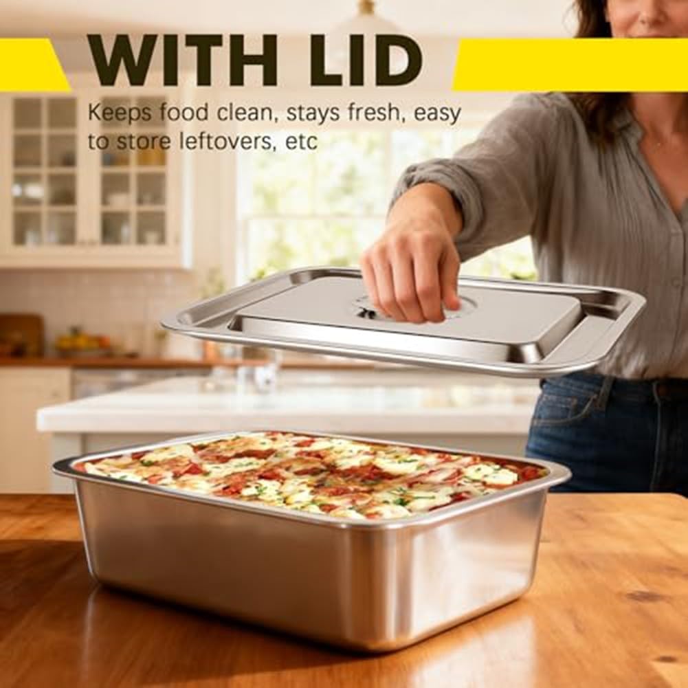 Padella per lasagne in acciaio inox sicura in forno con coperchio ermetico extra profondo per cucinare, conservare e trasportare pasti fino a 500 °C di temperatura (32 × 22 × 15 quadrati)