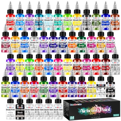 FansArriche Airbrush Farben, 48 Farben und 4 Verdünnern und 2 Grundierungen, 30 ml/Flasche, Wasserbasierte, Metallic, Neon und Iridescent-Acryl Airbrush Farben