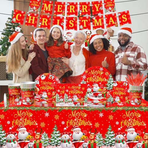 Christmas Paper Plates and Napkins - Disposable Tableware with Plates, Napkins, Tablecloth, Banner for Christmas Party Table Decorations – Image 4