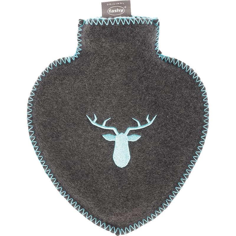 Fashy Herzwärmflasche 0,7 L, Fleecebezug,Stickerei und aufwändiger Ziernaht, dunkel grau