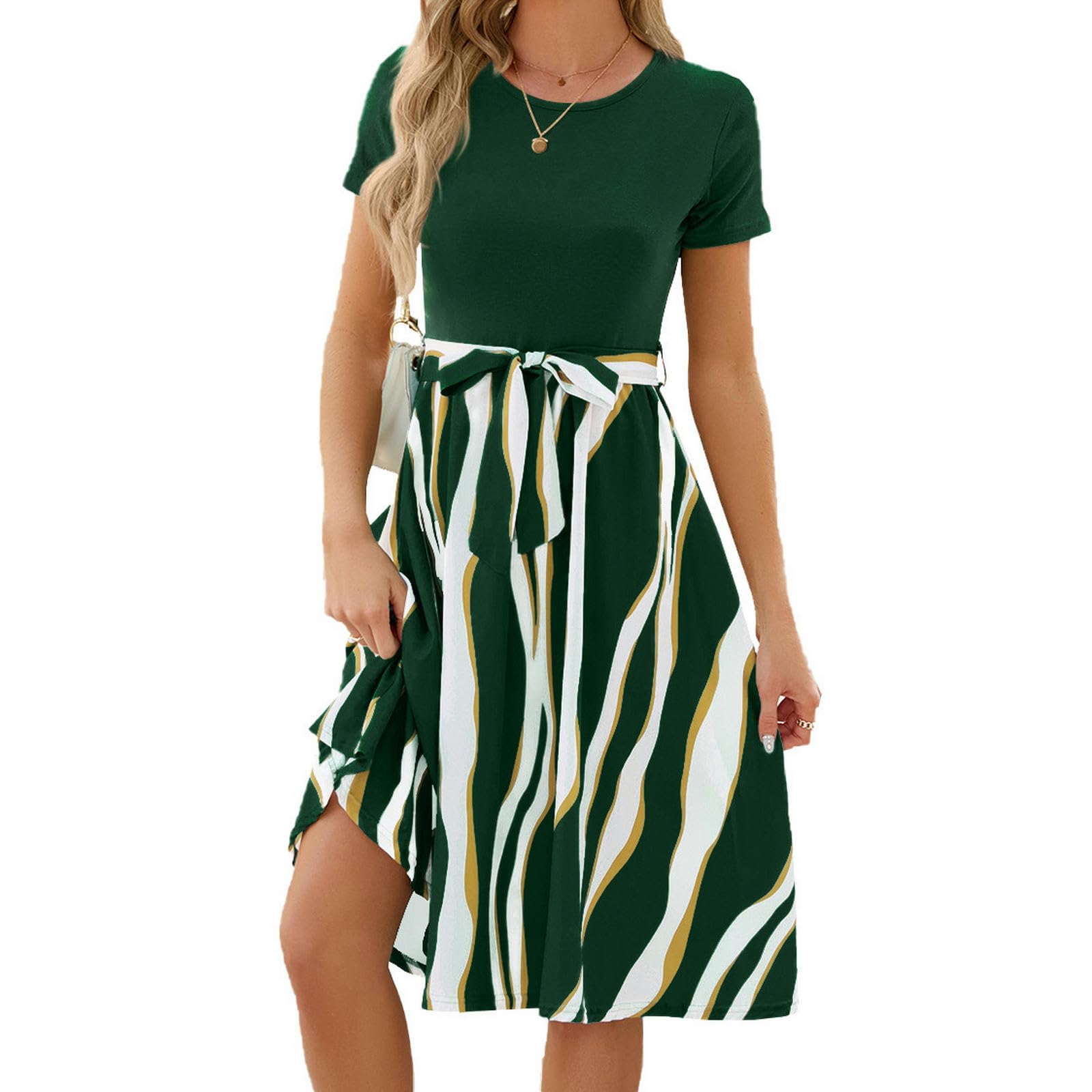 Vestido de Verano Mujer Vestido de Vacaciones de Verano Casual con Vestido de Cuello Redondo con Tirantes de Midi de Manga Corta, HUTALIM, Verde oscuro, XXL