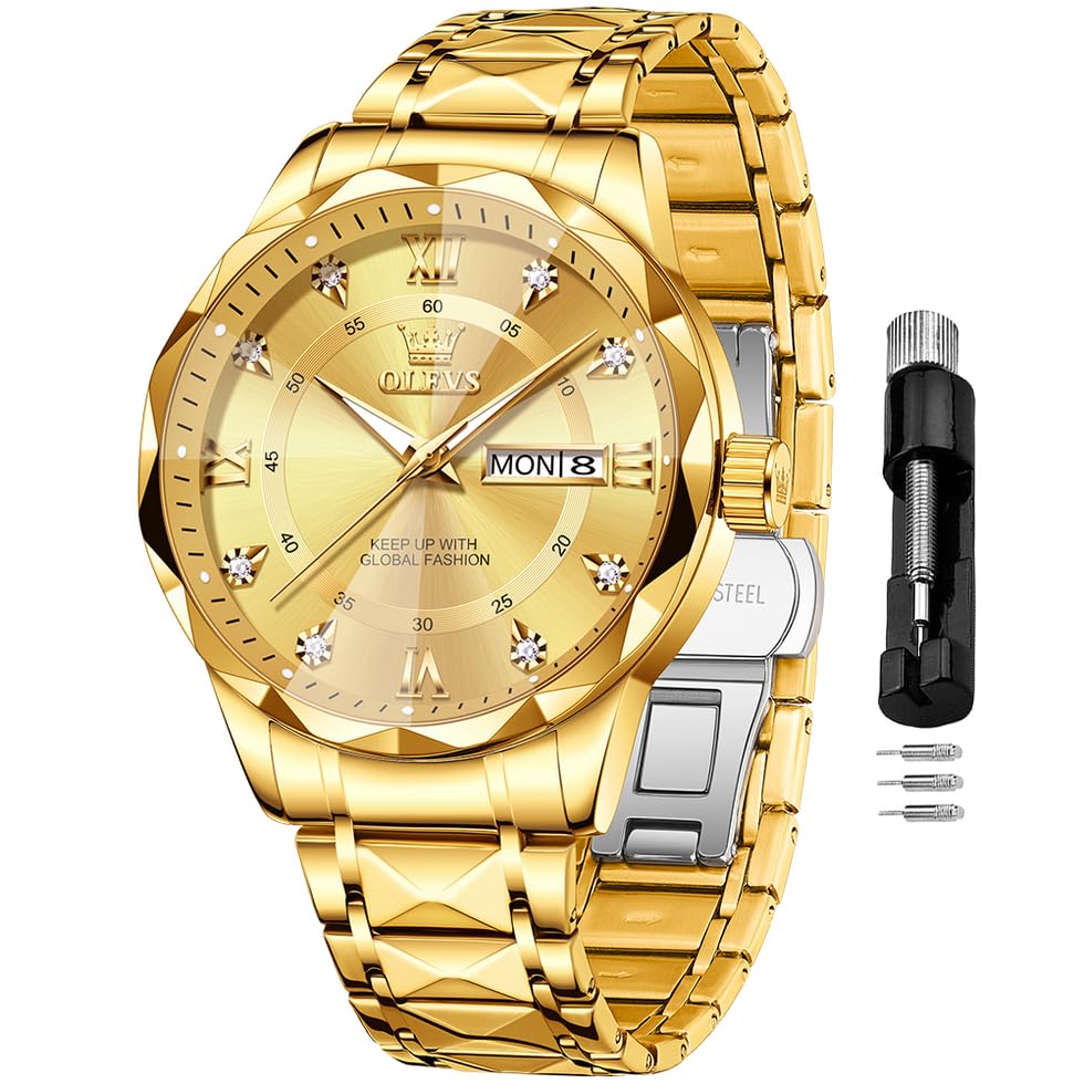 OLEVS Watches for Men Diamond Date Day Calendar Black Wrist Watches Quartz Analog Business Stainless Steel Two Tone Waterproof Luminous Men Watch