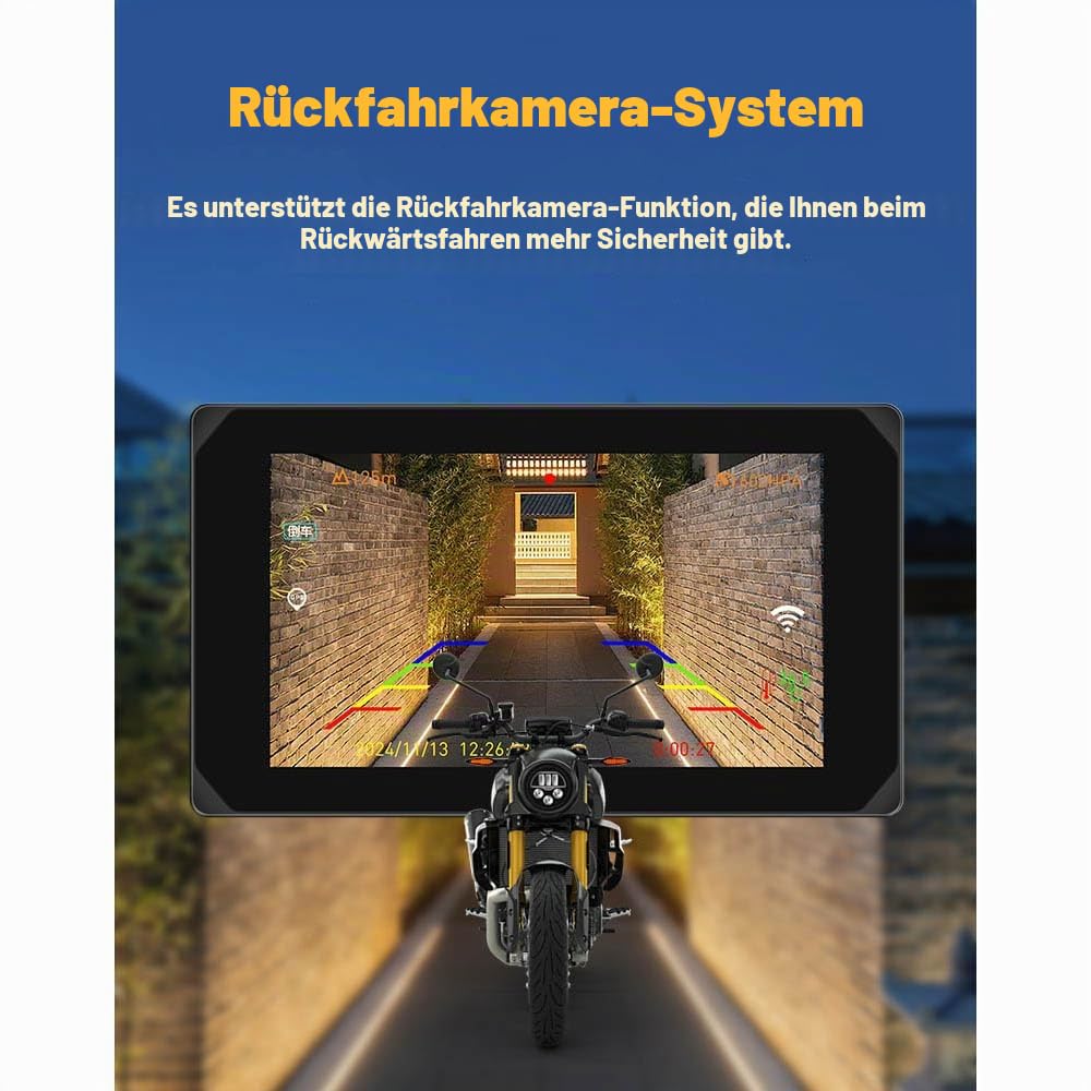 VSYSTO Motorrad Carplay Bildschirm, Kabelloses CarPlay und Android Auto, 5.0 Zoll Tragbare Wasserdichtem Touchscreen 1080P Motorrad-Kamera mit GPS Navigation, Bluetooth, Parkmonitor, Rückfahrkamera