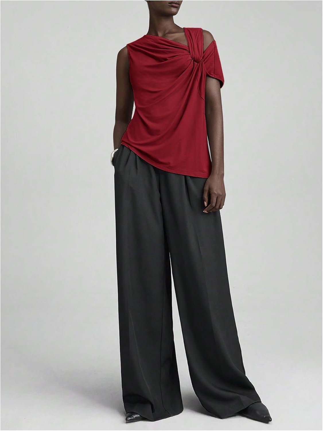 MakeMeChic Women's One Shoulder Tank Tops Sleeveless Asymmetrical Neck Ruched Twist Front Going Out Tops - Image 5