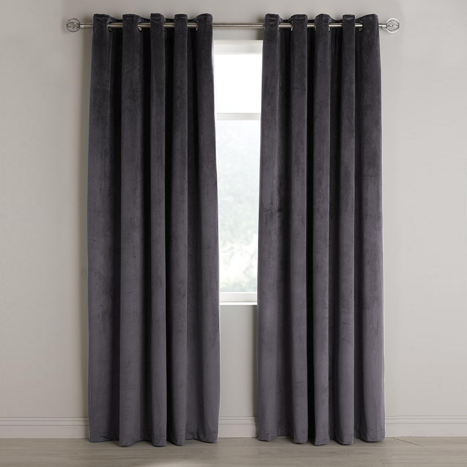 Aspire Homeware Charcoal Eyelet Curtains 66x54 (2 Panels) with Tie Backs - Fully Lined Velvet Curtains for Bedroom, Window Curtain for Living Room (168cm x 137cm)