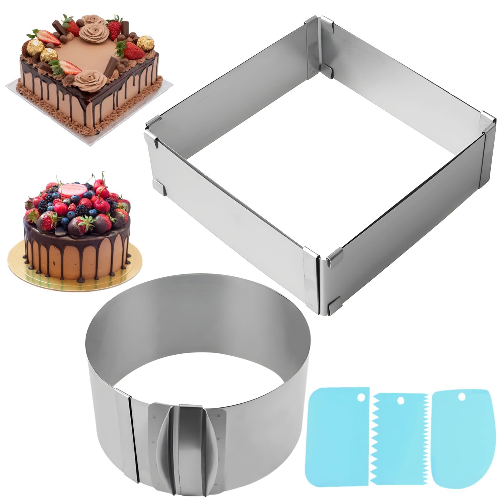 Lot de 2 anneaux à gâteau réglables, moules en acier inoxydable de 6 à 12 pouces avec 3 grattoirs en plastique, modèles ronds et carrés avec graduation, cadres de pâtisserie