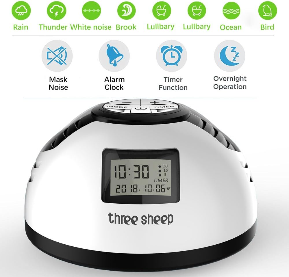 three sheep White Noise Machine, Nature Sound Sleep Therapy Machine, with 8 Soothing Sound, Timer and Alarm Clock, Plug in or Battery for Using Indoor Relaxation or Outdoor Travel