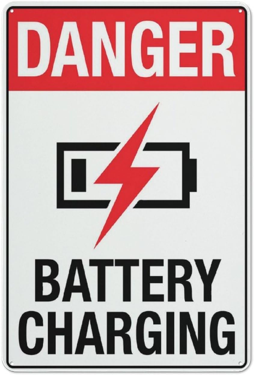 Danger Battery Charging Rust Free Aluminum Sign - Reflective, UV Protected, 4 Pre-Drilled Holes for Home Garage - 12x16 Inches​