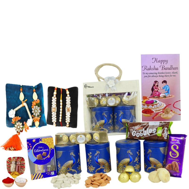 Image of NUTRI MIRACLE Dry Fruits and Chocolate Rakhi Gift for Bhaiya Bhabhi with Tilak and Greeting Card in Decorative Box