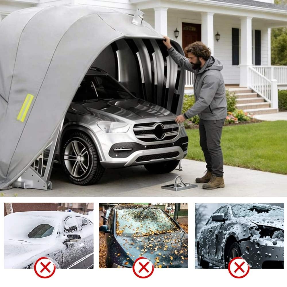 Tenda da Garage Semiautomatico in Acciaio Inossidabile, Carport Pieghevole Mobile, Resistente al Vento e Neve (Grigio)