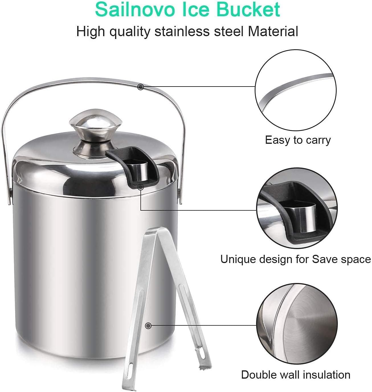 Sailnovo Ice Bucket, Double-Wall Stainless Steel Insulated Ice Buckets with Lid and Ice Tong, Ideal for Cocktail Bar, Parties, Chilling Wine, Champagne - 1.2 Liter Ice Container（Silver） - Image 3