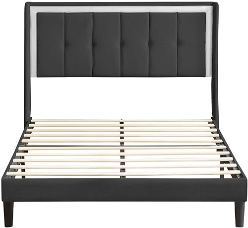 Miniatura 5 de Base de cama tapizada de tamaño matrimonial con cabecera de terciopelo moderna y soporte de listones de madera resistente, antideslizante, sin