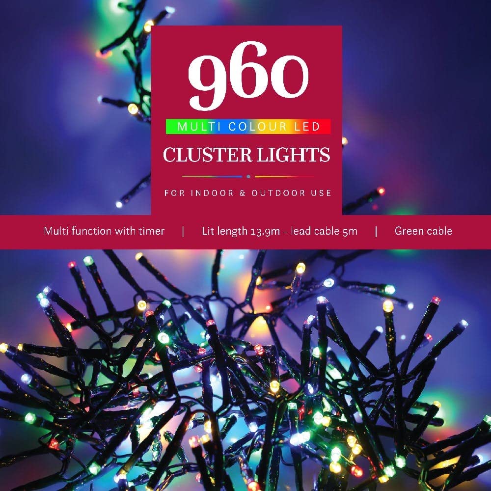 Noma Multicolour 960 Led Cluster Christmas Tree Lights : Green Cable : Multifunction : Plug-In With Timer : Ed : 4921733