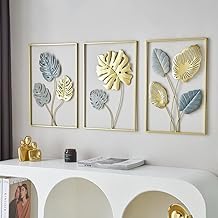 KRYVA - Metal Frame Wall Art Decor for Living Room, Monstera Leaves Wall Home Decor, Room Decor Wall Sculptures Hanging Decorations for Bedroom, Bathroom, Office Decor (Set Of 3)