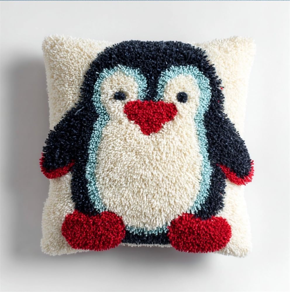 kitphoenix Latch Hook Cushion Kits for Adults 17X17Inch,Penguin Latch Hook Pillow Case Kits Embroidery Kits 43X43Cm, DIY Needlework Pillow Cover Cushion Rug Making Kit, DIY Craft Kit for Women