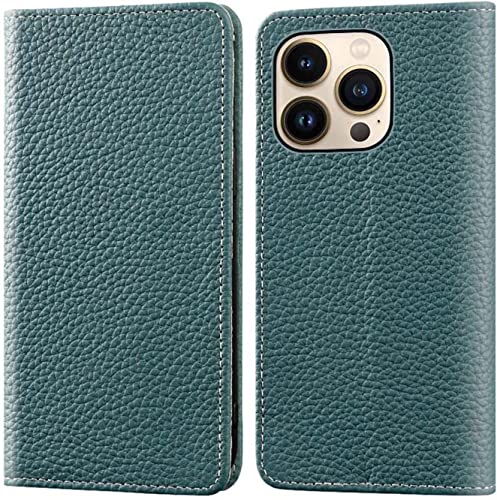 Housse iPhone 13 Pro KANUZ en cuir cyan à rabat magnétique avec porte-carte antichoc