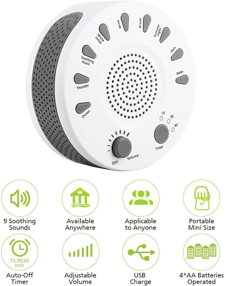 White Noise Machine for Sleeping, LAKASARA Sleep Sound Machine with 9 Snoothing Natural Sounds Battery or Adapter Charging Insomnia & Tinnitus Therapy