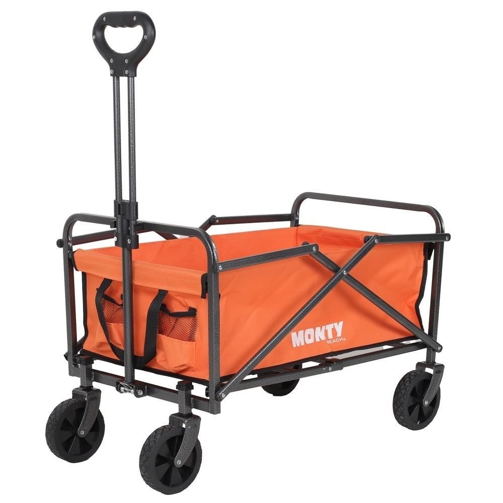 Carro playa de mano trolley, mango regulable, plegable, 2 ruedas giratorias, 69x46x87 cm, acero Epoxi anticorrosión-tejido Oxford naranja, carretilla multiusos, carga 60 kg, camping, jardín, compra