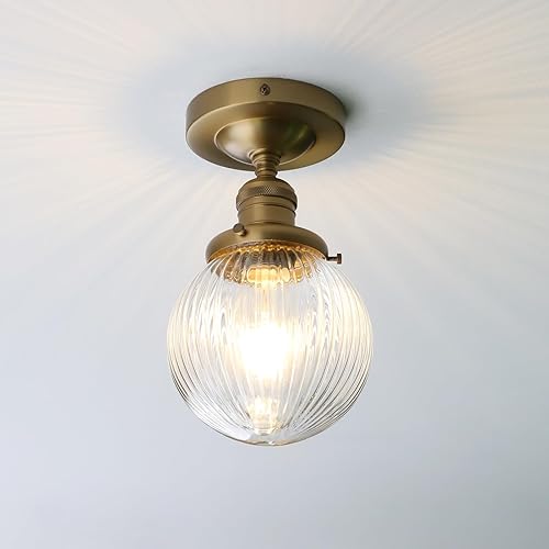 Pathson Modern Semi Flush Mount Ceiling Light Fixture with Striped Globe Glass Shade, Industrial Ceiling Lighting Lamp for Living Room Foyer Hallway