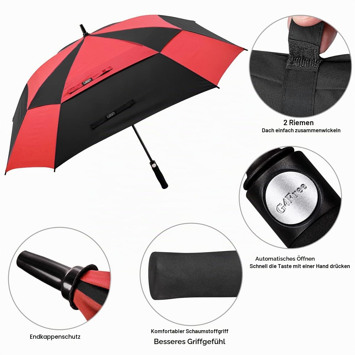 G4Free 62 Inch Quadratischer Golfschirm Übergroß Doppelt Überdachung für 2-4 Personen Großer Regenschirm Winddichter XXL Stockschirm Automatik Auf, Rot/Schwarz