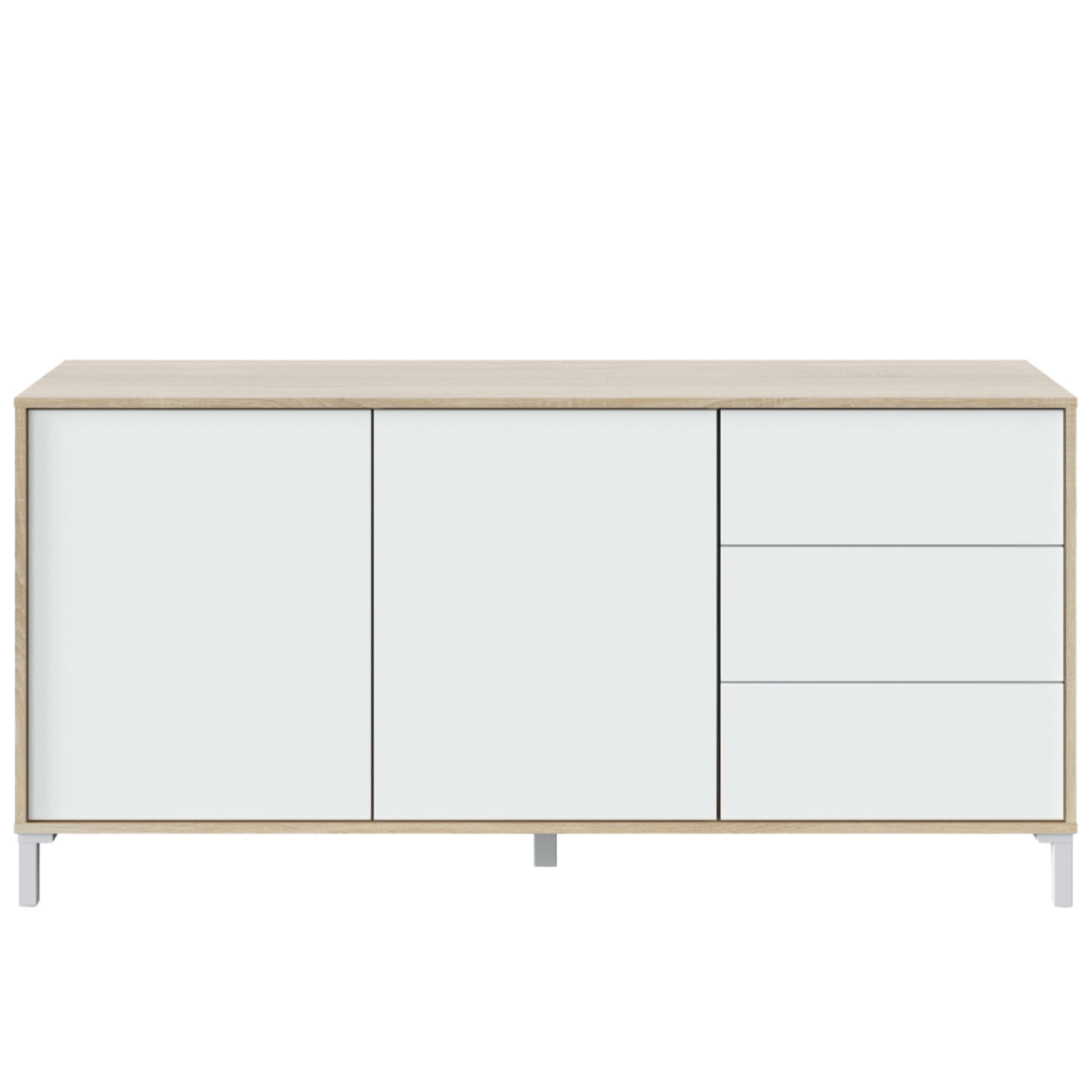 Habitdesign Aparador 2 Puertas + 3 Cajones, Buffet, Modelo Brooklyn, Acabado Roble Canadian y Blanco Artik, Medidas: 74 cm (Alto) x 154 cm (Ancho) x 41 cm (Fondo)