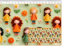 Tecido Tricoline Digital Girls and Puppies Estampa de Bonecas Fundo Verde 50 x 150 cm
