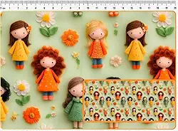 Tecido Tricoline Digital Girls and Puppies Estampa de Bonecas Fundo Verde 50 x 150 cm