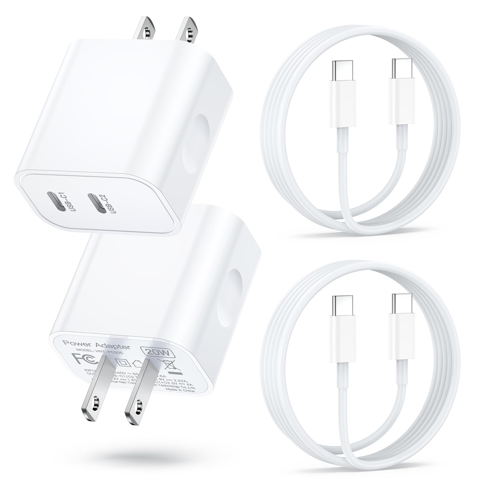 USB-C Wall Charger, 2-Pack 20W Dual Port Type C Fast Charger Block, iPhone 15 Charger Fast Charging USB C Charger Block with 6ft USB C Cable for iPhone 15/15 Plus/15 Pro/15 Pro Max/iPad/AirPods