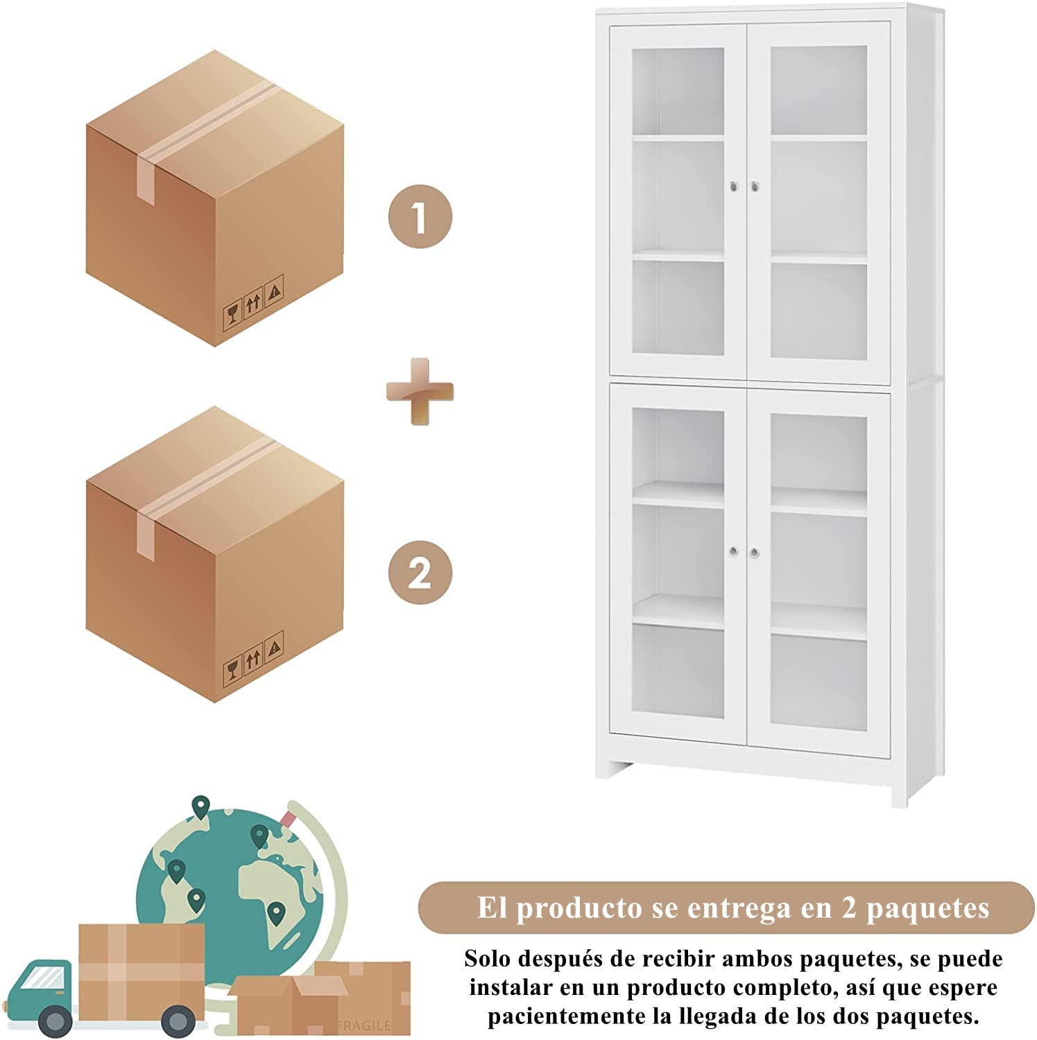 FOREHILL 190cm Vitrina de Cristal, Vitrina Salón, Mueble de Salón, Aparador Comedor, Aparador Cocina, Estantería Oficina, con 6 Estantes 4 Puertas, Madera y Cristal, Blanco, 80x33x190cm