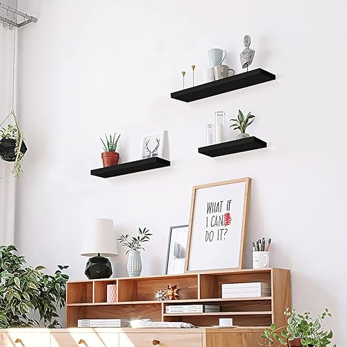 Miniatura 6 de Estantes flotantes negros montados en la pared 3 juegos de estantes de madera modernos con soportes invisibles para sala de estar dormitorio baño