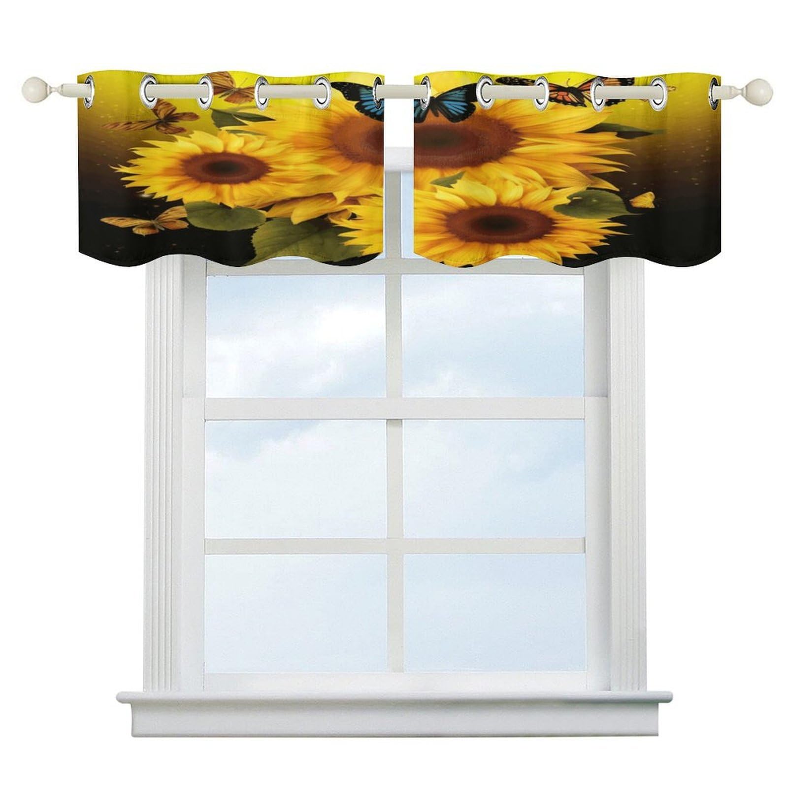 Cortinas opacas de mariposas y girasoles modernas para ventanas de cocina (52 x 18.1")