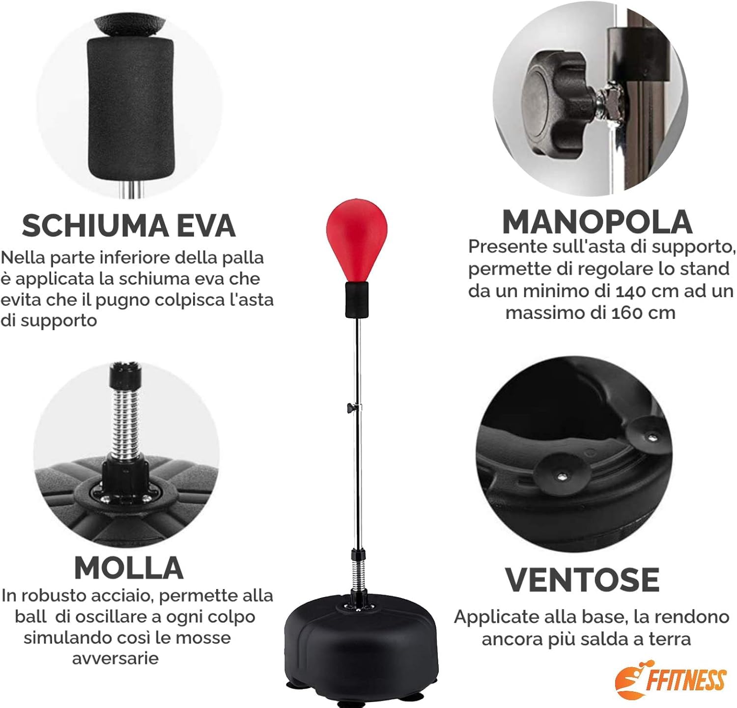 PUNCHING BALL PER ADULTI H MAX 160CM SACCO BOXE DA TERRA SFERA DA PUNZONATURA X ALLENAMENTO