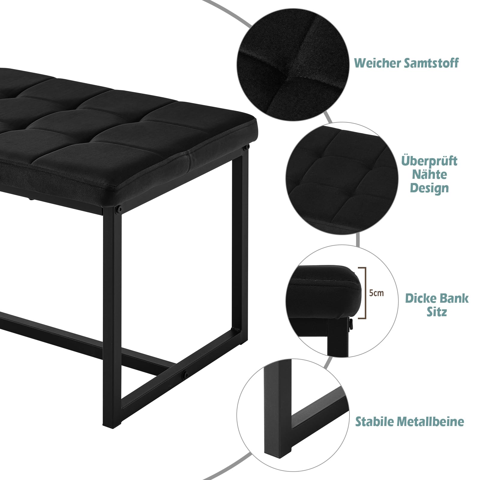 TUKAILAI banco de comedor de 100 cm, asiento para pasillo con cojín de terciopelo grueso, acolchado con patas de metal, cama, cocina, asiento, perchero