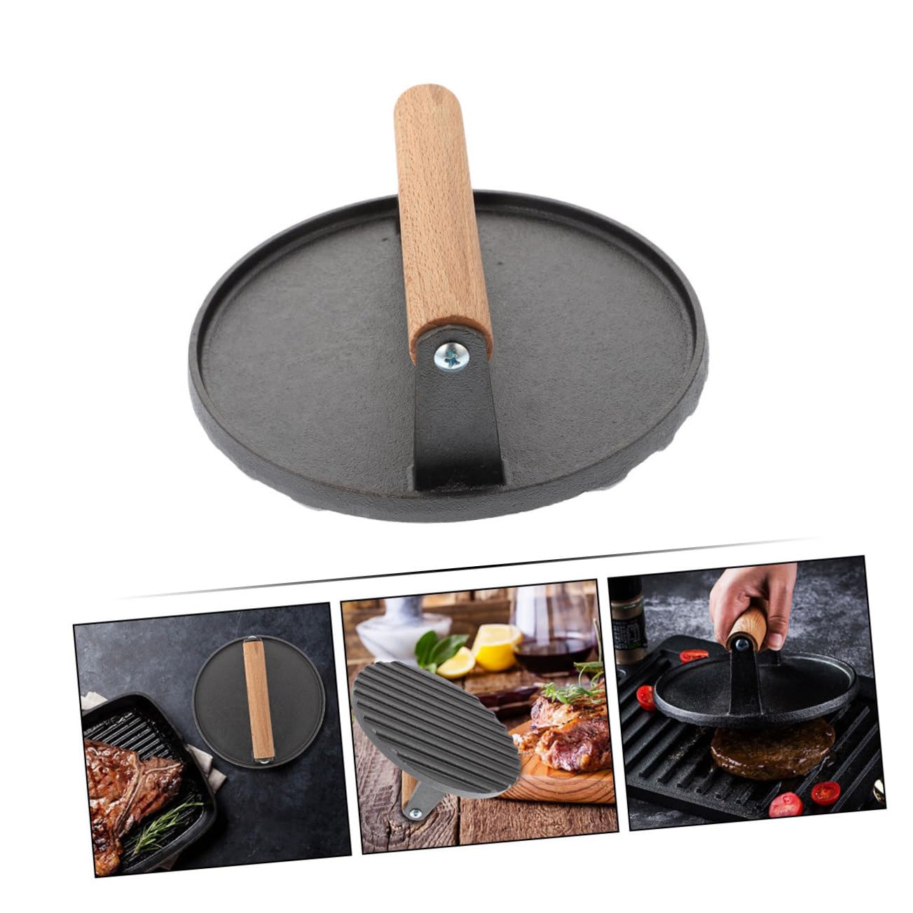 Runde Grillpresse aus Gusseisen mit Holzgriff Antihaftbeschichtet Robust und Formstabil für Steak Burger und Bacon Am Grill