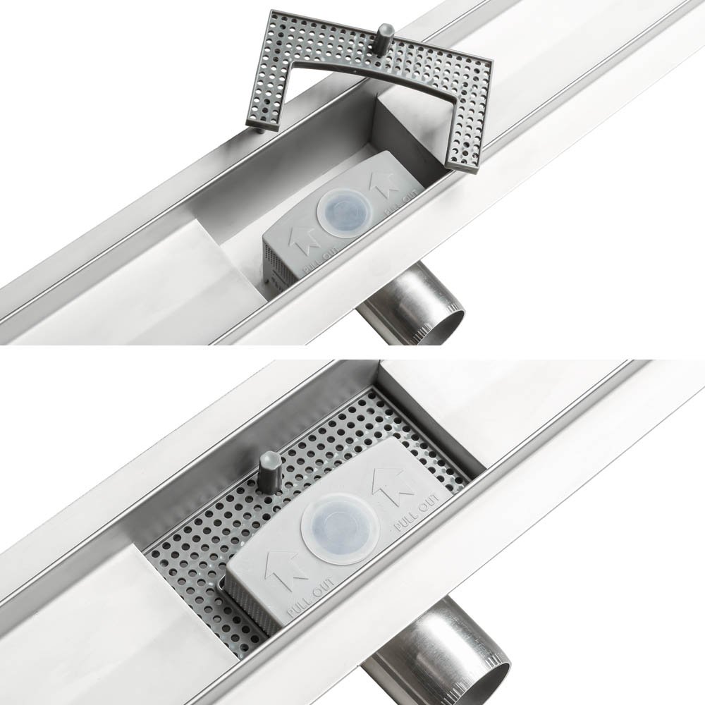 tectake Canaleta de ducha de acero inoxidable, desagüe de ducha, desagüe de suelo, ducha, canalón de ducha, desagüe de ducha, con sifón, colador y antiolores, 90 cm
