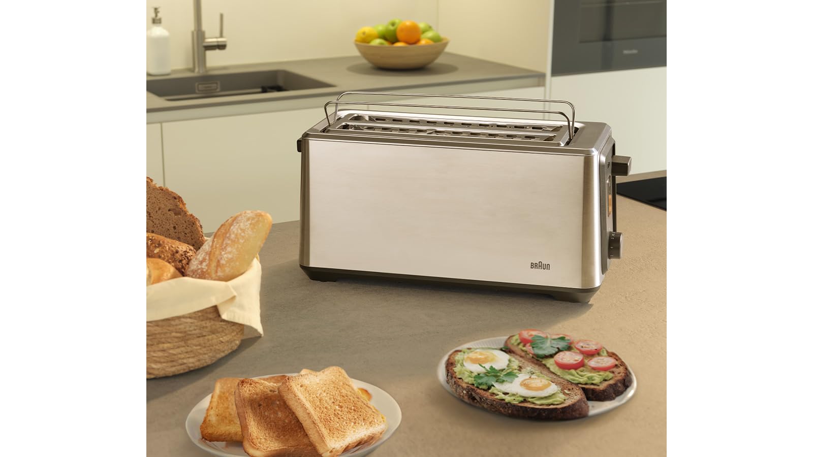 Braun Toster z długim otworem – 2 bardzo długie szczeliny, 8 poziomów opiekania, automatyczne centrowanie, Reheat+ & Defrost+, zintegrowana nasadka do bułek, EasyGrab, czarny (HT5220BK)