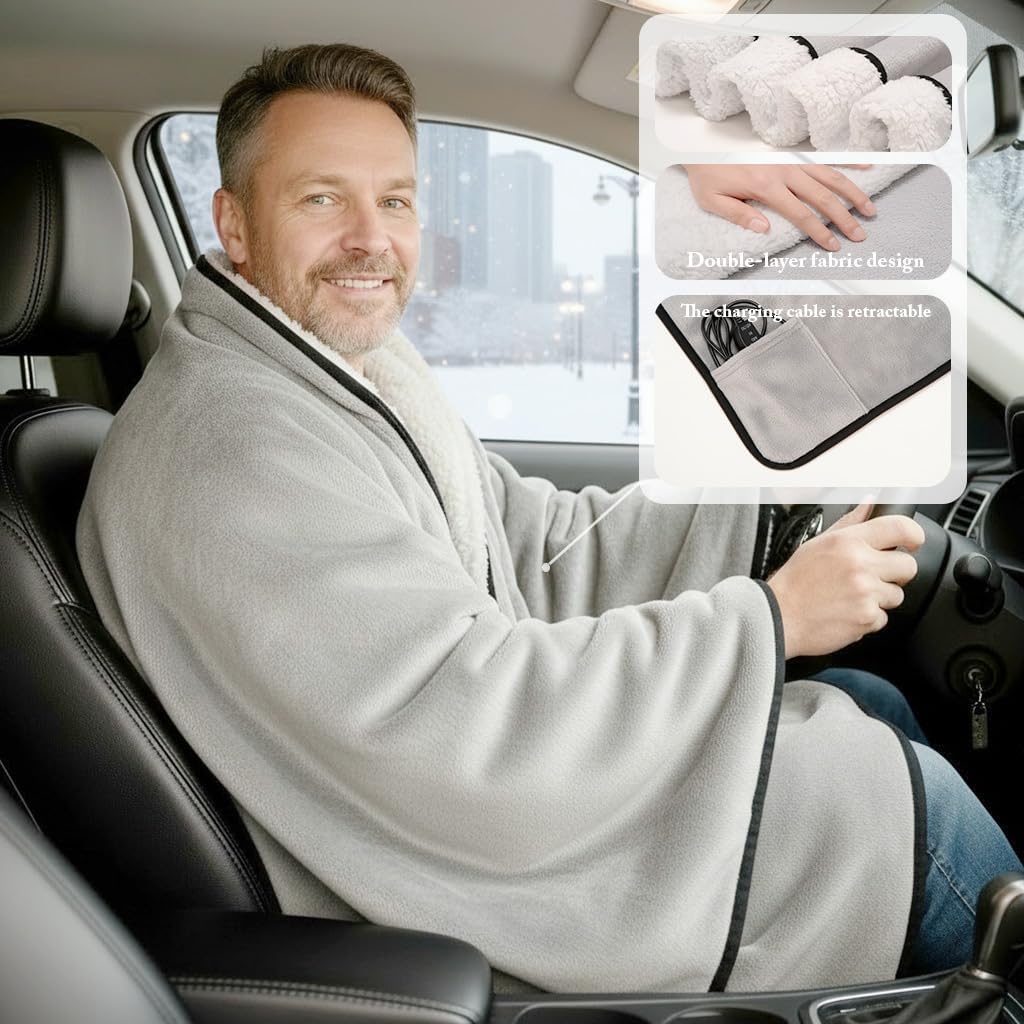 Sojoy Wearable 12V Heated Car Blanket with Zipper Design, Flannel Sherpa Electric Shawl for Cars Trucks SUVs, Fast Heating Lap and Shoulder Wrap for Cold Weather Travel,Light Gray