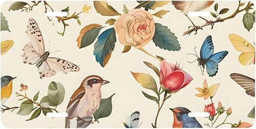 Placa de matrícula delantera de pájaro con flores vintage, accesorio de decoración de automóvil, placa decorativa de metal de aluminio, divertida