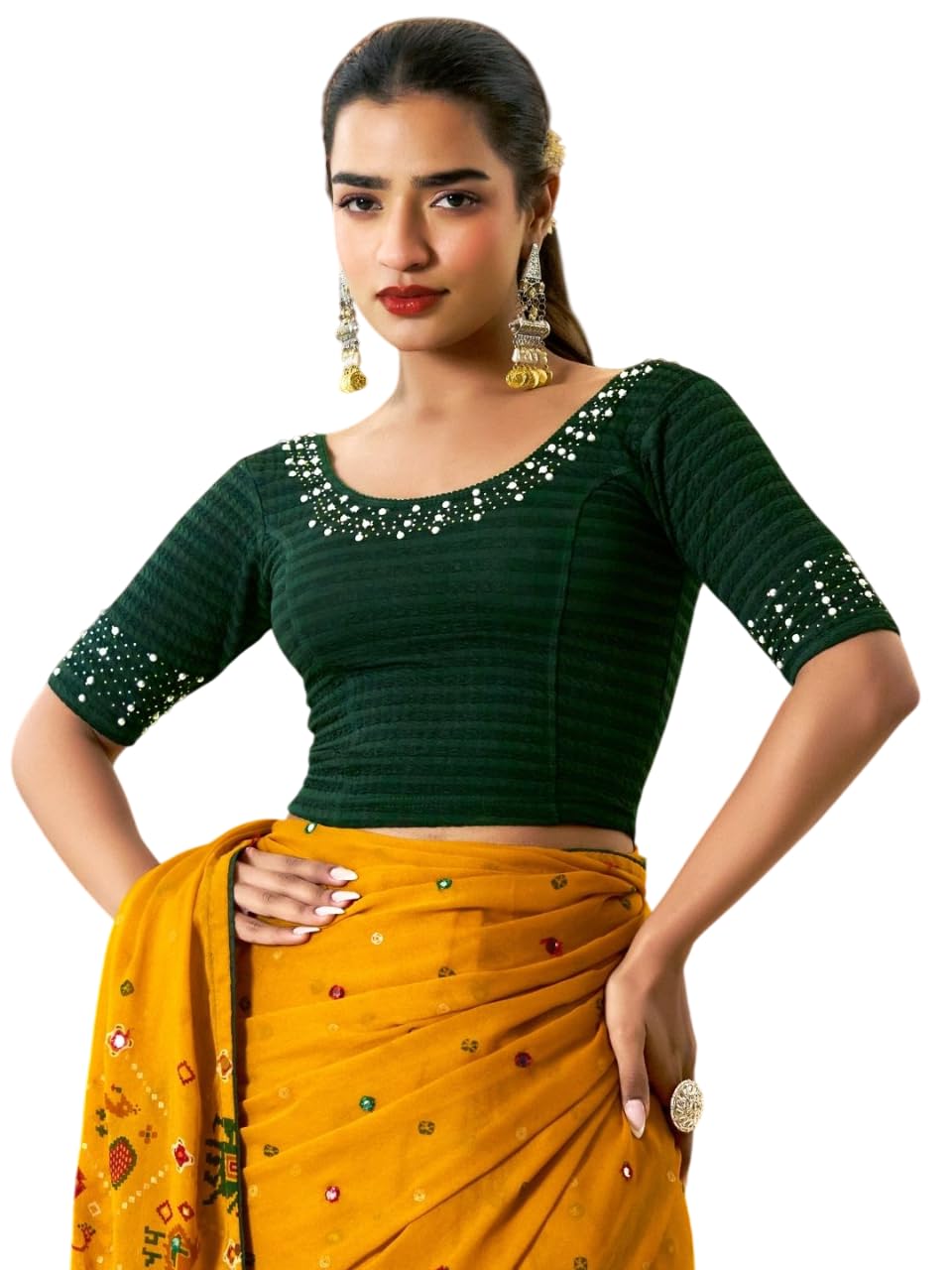 mrswears Women's Regular Fit Readymade Stretchy Elbow Length Embroidered Saree Blouse-picture-22