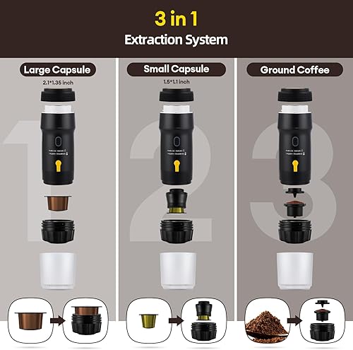 Miniatura 7 de Cafetera portátil 3 en 1 para viajes, 20 bar portátil espresso con USB, cafetera de viaje autocalentable, compatible con café molido y cápsulas para